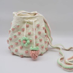 Handmade Crochet Strawberry Backpack – Soft Knit Drawstring Bag with Pastel Accents