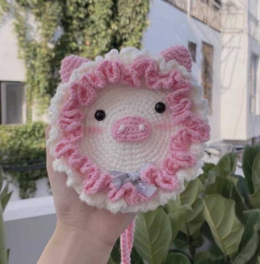 Handmade Crochet Pig Face Crossbody Bag – Cute Pink Piglet Ruffle Purse for Girls