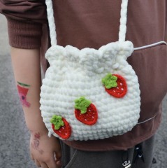 Handmade Crochet Strawberry Pouch Bag – Soft White Yarn Drawstring Purse for Girls & Kids