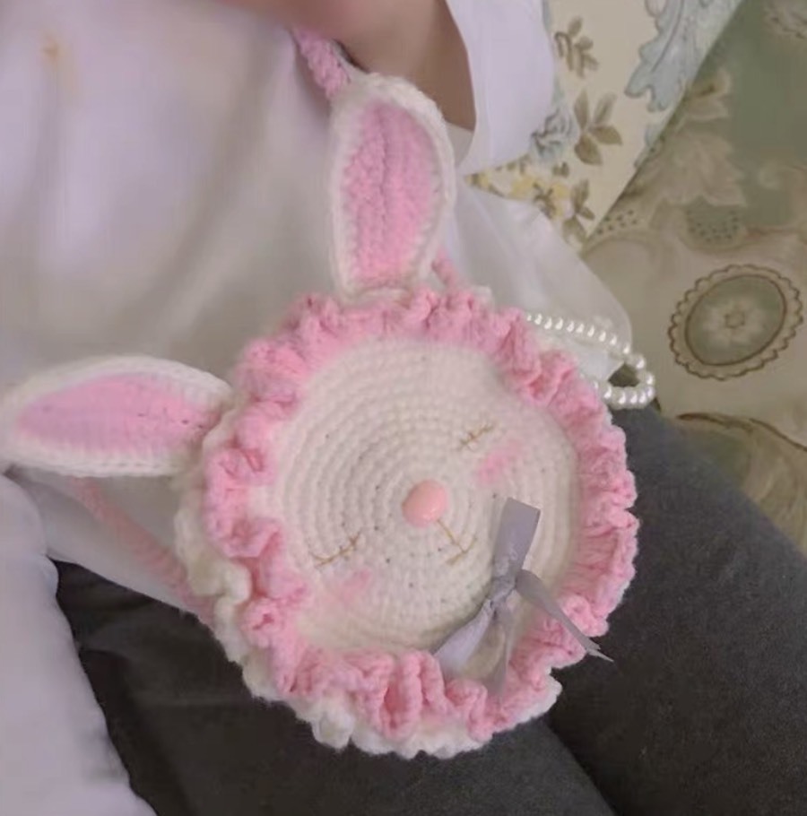 Handmade Crochet Bunny Face Crossbody Bag – Soft Pink Ruffle Rabbit Purse with Ears & Bow