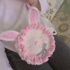 Handmade Crochet Bunny Face Crossbody Bag – Soft Pink Ruffle Rabbit Purse with Ears & Bow
