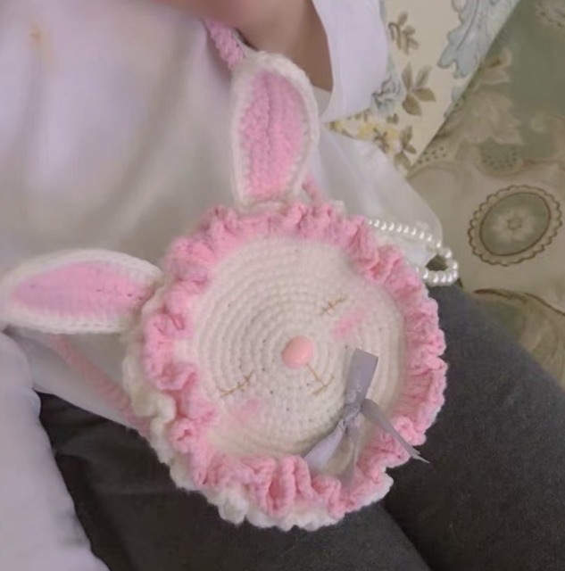Handmade Crochet Bunny Face Crossbody Bag – Soft Pink Ruffle Rabbit Purse with Ears & Bow