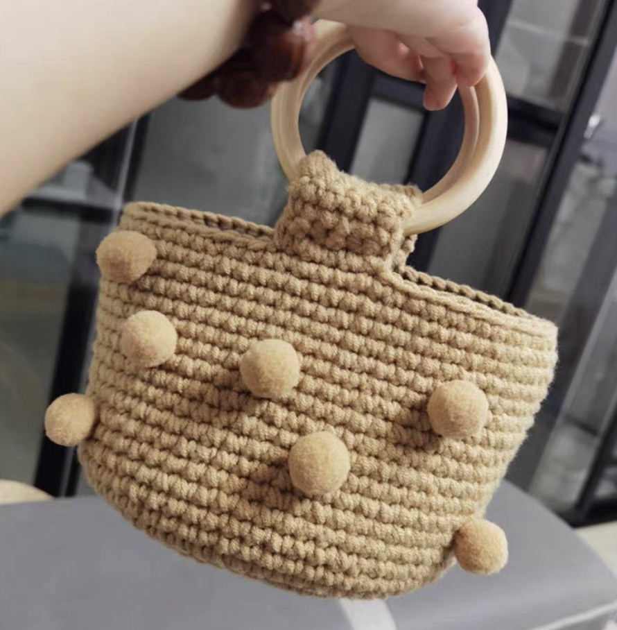 Handmade Crochet Pom-Pom Tote Bag – Beige Yarn Handbag with Wooden Ring Handles and 3D Bobble Design