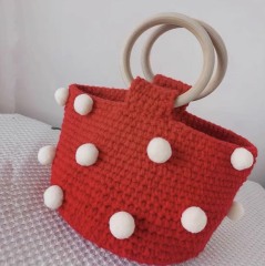 Handmade Crochet Polka Dot Tote Bag – Red Yarn Purse with White Pom-Poms and Natural Wooden Ring Handles