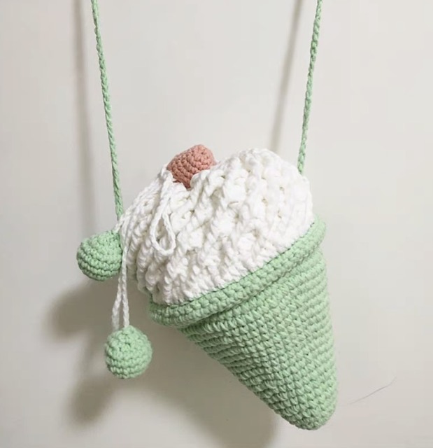 Handmade Crochet Ice Cream Cone Crossbody Bag – Mint Green & White Whipped Cream Purse with Cherry Top