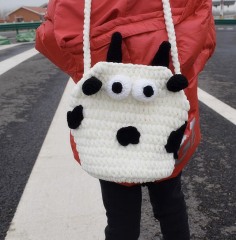 Handmade Crochet Cow Crossbody Bag – White & Black Cartoon Animal Shoulder Purse with 3D Eyes and Ears