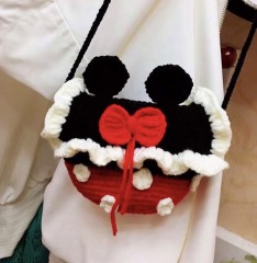 Handmade Crochet Mouse Ears Crossbody Bag – Red & Black Polka Dot Purse with Bow and Ruffle Trim
