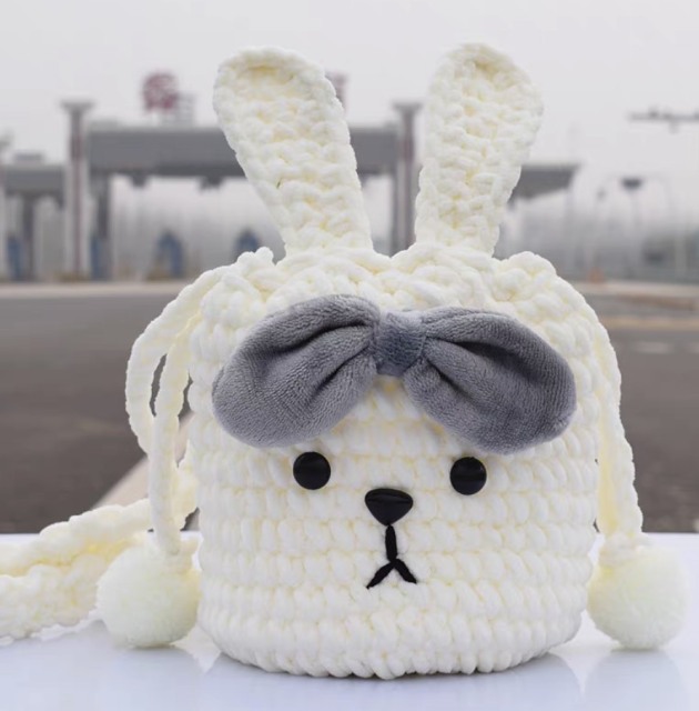 Handmade Crochet Bunny Face Drawstring Bag with Plush Bow