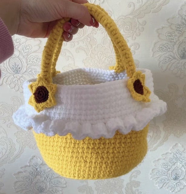 Handmade Crochet Sunflower Ruffle Basket Bag – Yellow & White