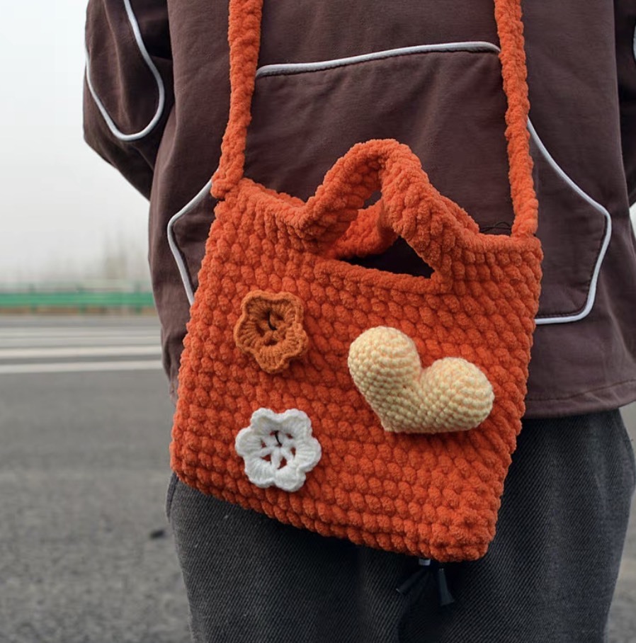 Handmade Crochet Flower & Heart Tote Bag – Orange