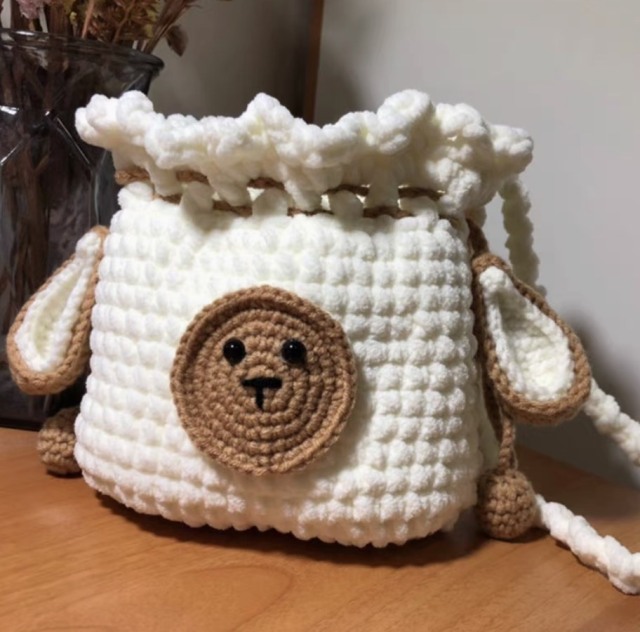 Handmade Crochet Lamb Face Drawstring Bag – Cream & Brown