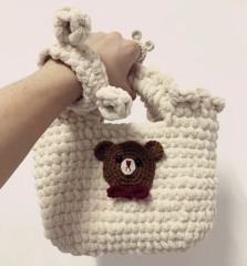 Handmade Crochet Teddy Bear Tote Bag – Cream with Bow Detail