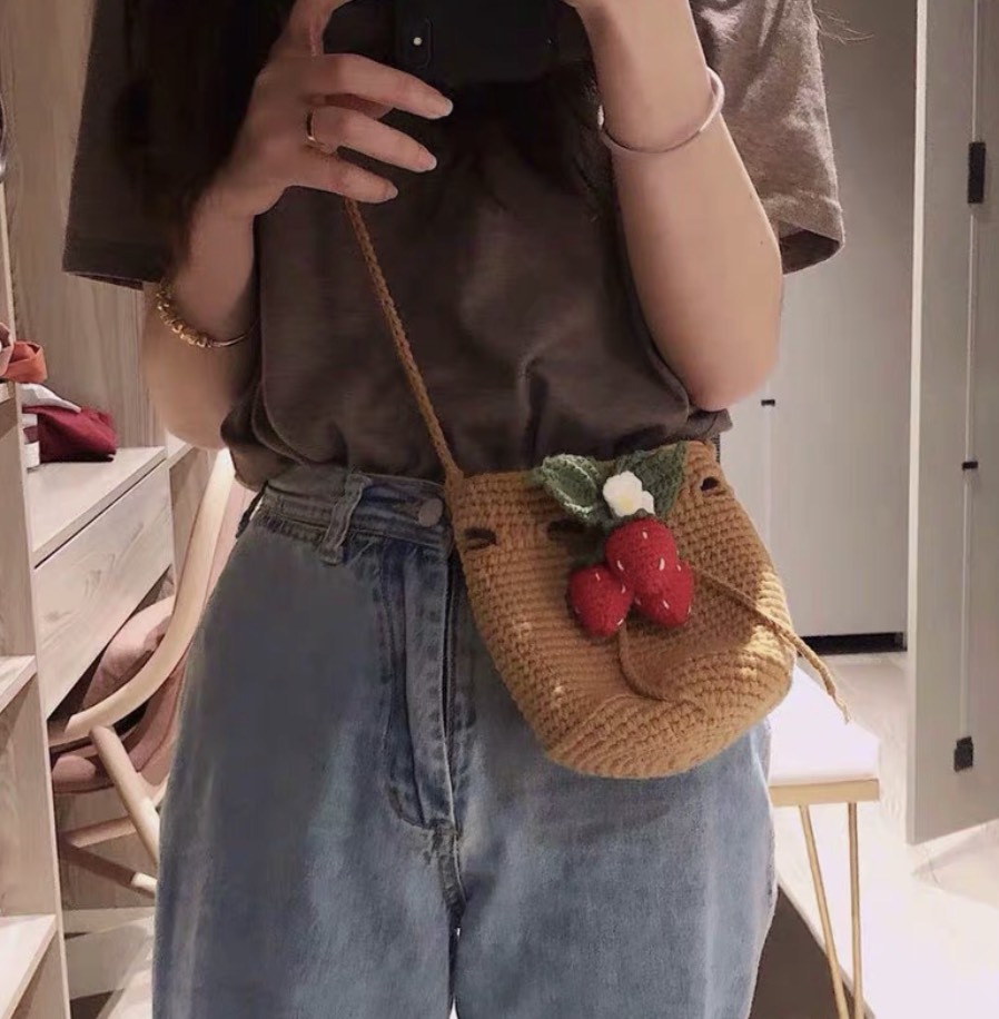 Handmade Crochet Strawberry Crossbody Bag – Brown with 3D Fruit Detail
