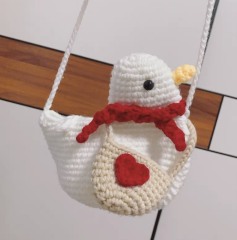 Handmade Crochet Dove Crossbody Bag with Heart Pouch and Red Scarf