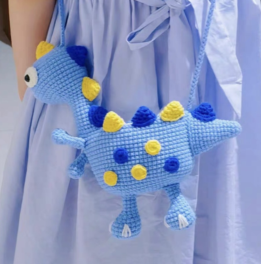 Handmade Crochet Dinosaur Crossbody Bag – Blue with Yellow Spikes