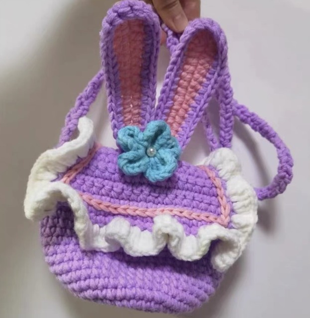 Handmade Crochet Bunny Backpack Purse – Lavender Bunny Ear Bag with Ruffle Trim & Blue Flower Accent