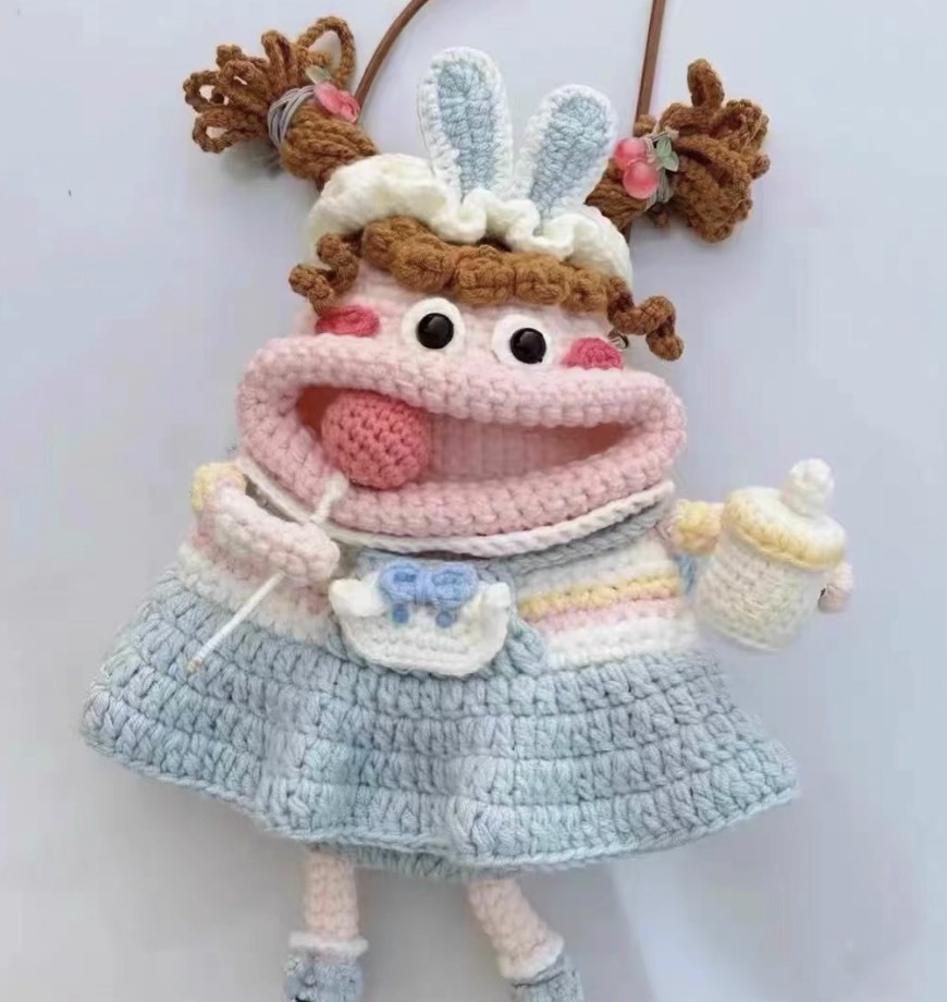 Handmade Crochet Baby Girl Doll Bag – Kawaii Pacifier Puppet Purse with Bunny Ears, Milk Bottle & Lollipop