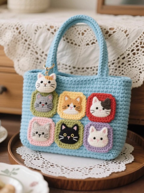 Handmade Crochet Cat Patch Tote Bag – Black Yarn Purse with Colorful Granny Square Kitty Faces & Cat Head Keychain