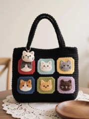 Handmade Crochet Cat Patch Tote Bag – Black Yarn Purse with Colorful Granny Square Kitty Faces & Cat Head Keychain