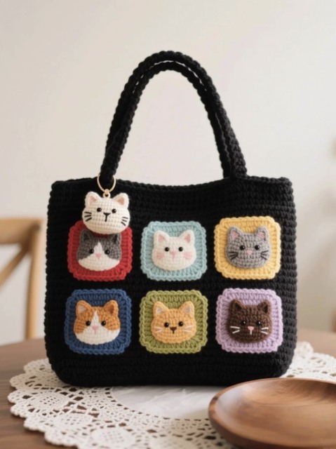 Handmade Crochet Cat Patch Tote Bag – Black Yarn Purse with Colorful Granny Square Kitty Faces & Cat Head Keychain