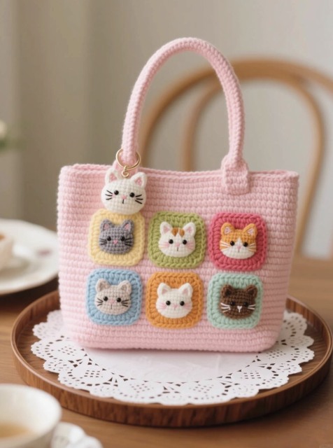 Handmade Crochet Cat Patch Tote Bag – Black Yarn Purse with Colorful Granny Square Kitty Faces & Cat Head Keychain