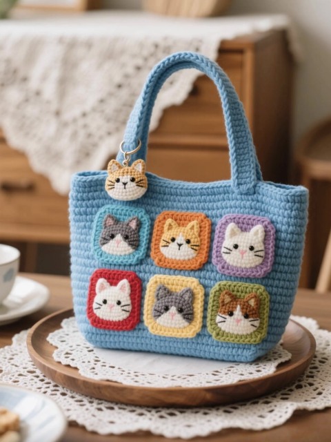 Handmade Crochet Cat Patch Tote Bag – Black Yarn Purse with Colorful Granny Square Kitty Faces & Cat Head Keychain