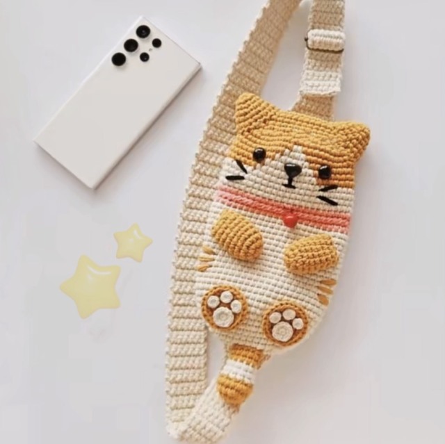 Handmade Crochet Cat Crossbody Bag – Cute Orange Tabby Kitty Sling Bag with Adjustable Strap & 3D Ears and Paws