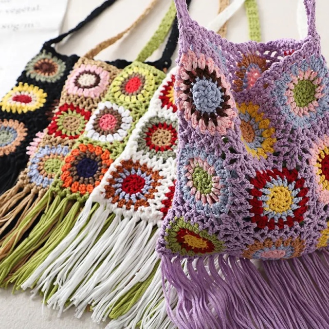 Bohemian Crochet Fringe Crossbody Bag – Handmade Granny Square Purse