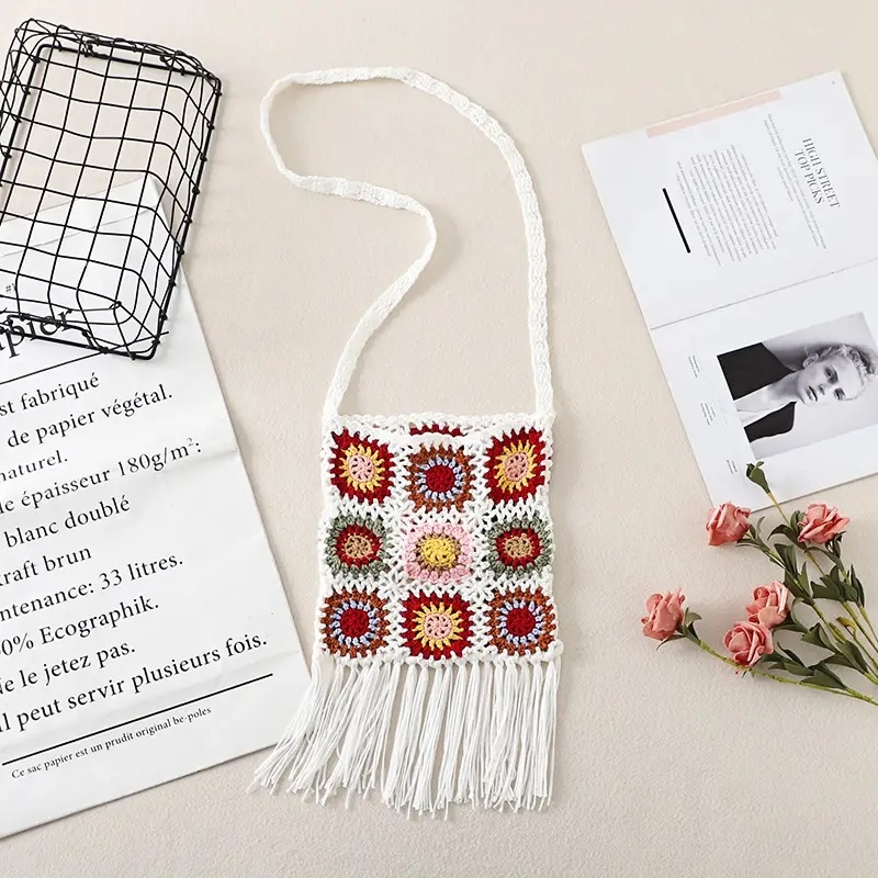 Bohemian Crochet Fringe Crossbody Bag – Handmade Granny Square Purse