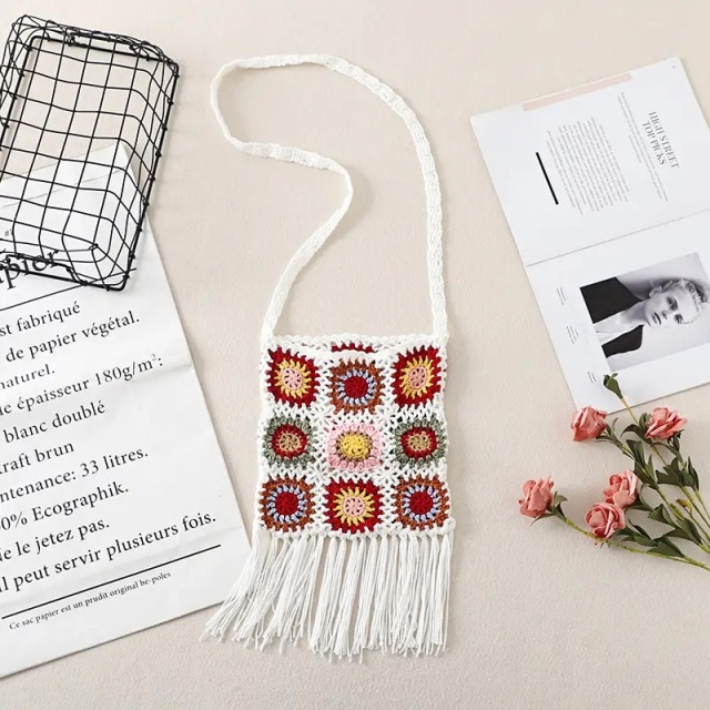 Bohemian Crochet Fringe Crossbody Bag – Handmade Granny Square Purse