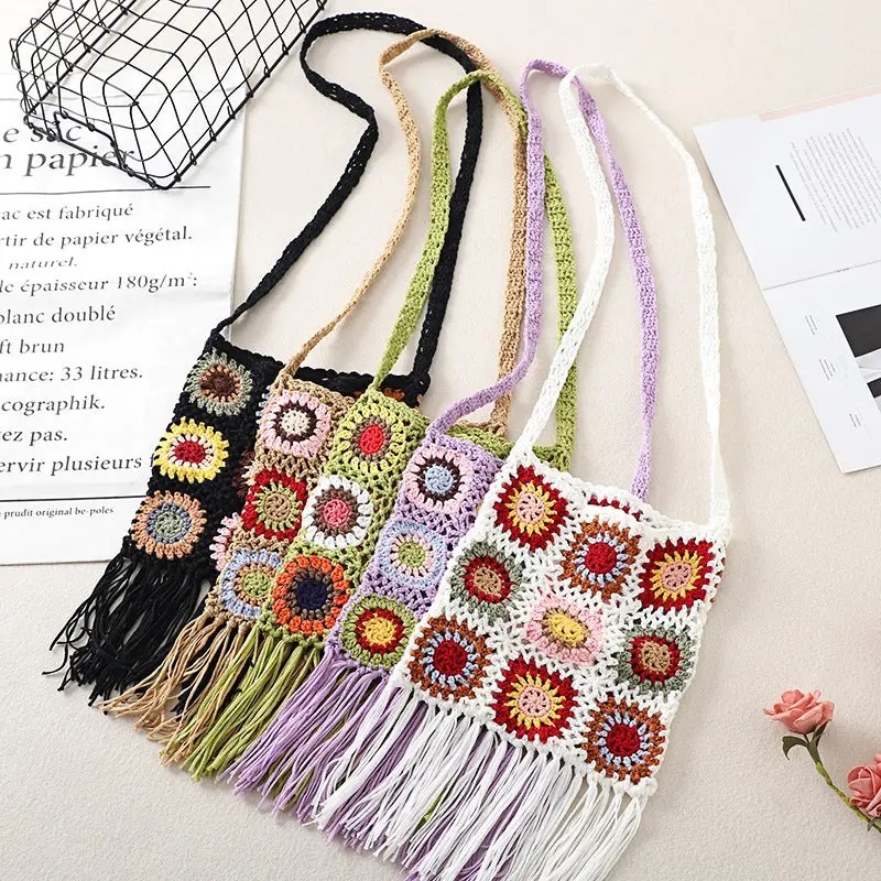 Bohemian Crochet Fringe Crossbody Bag – Handmade Granny Square Purse