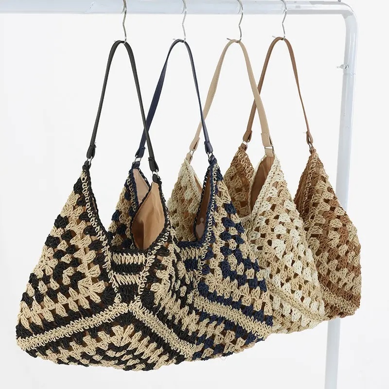 Handmade Crochet-Style Woven Shoulder Bag – Boho Retro Hobo Tote
