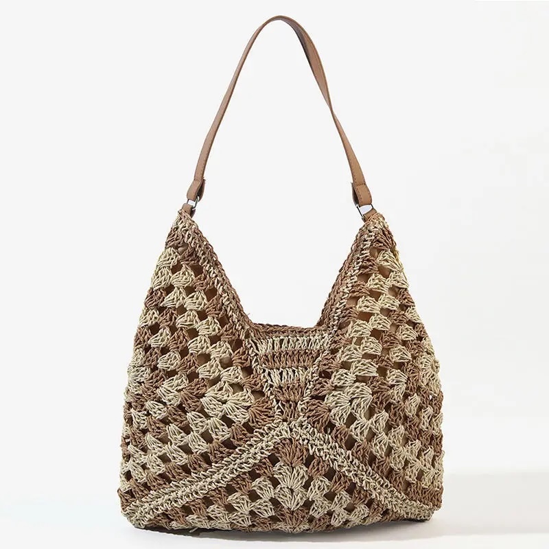 Handmade Crochet-Style Woven Shoulder Bag – Boho Retro Hobo Tote