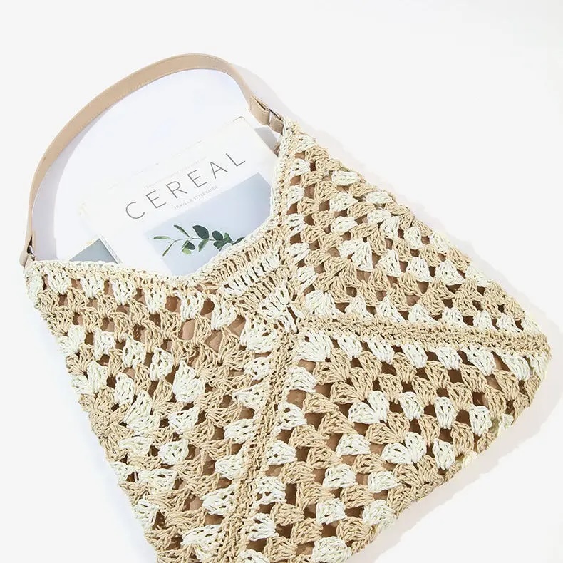 Handmade Crochet-Style Woven Shoulder Bag – Boho Retro Hobo Tote
