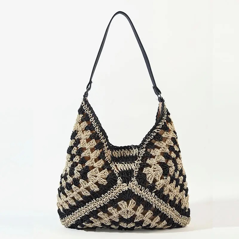 Handmade Crochet-Style Woven Shoulder Bag – Boho Retro Hobo Tote