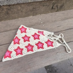 Handmade Crochet Star Bandana – Boho Triangle Head Scarf with Red & Pink Stars