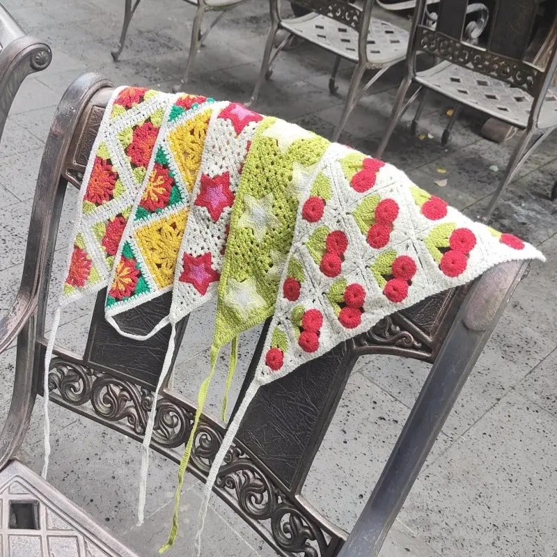 Handmade Crochet Star Bandana – Boho Triangle Head Scarf with Red & Pink Stars
