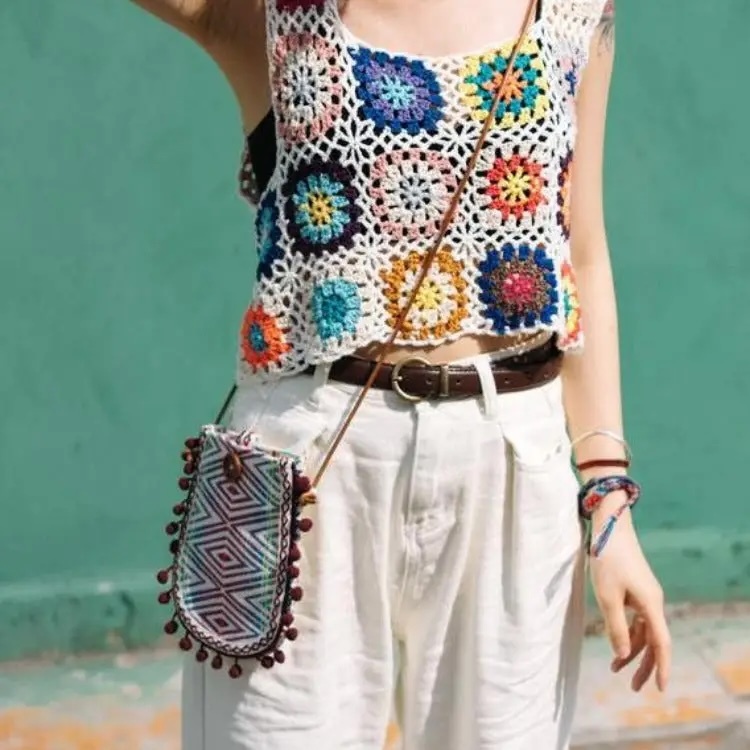 Handmade Crochet Granny Square Crop Top – Colorful Boho Summer Tank