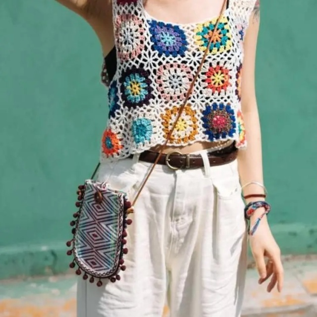 Handmade Crochet Granny Square Crop Top – Colorful Boho Summer Tank