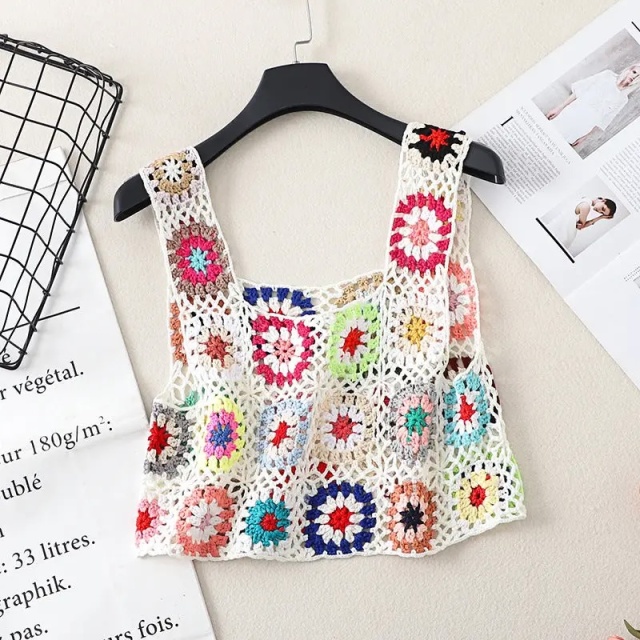 Handmade Crochet Granny Square Crop Top – Colorful Boho Summer Tank