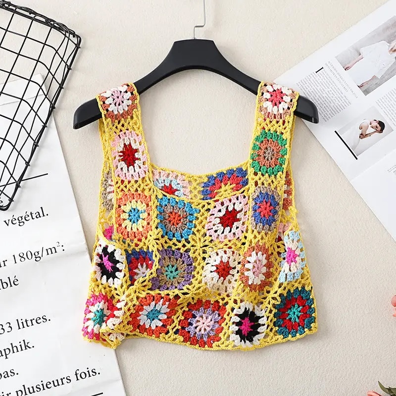 Handmade Crochet Granny Square Crop Top – Colorful Boho Summer Tank