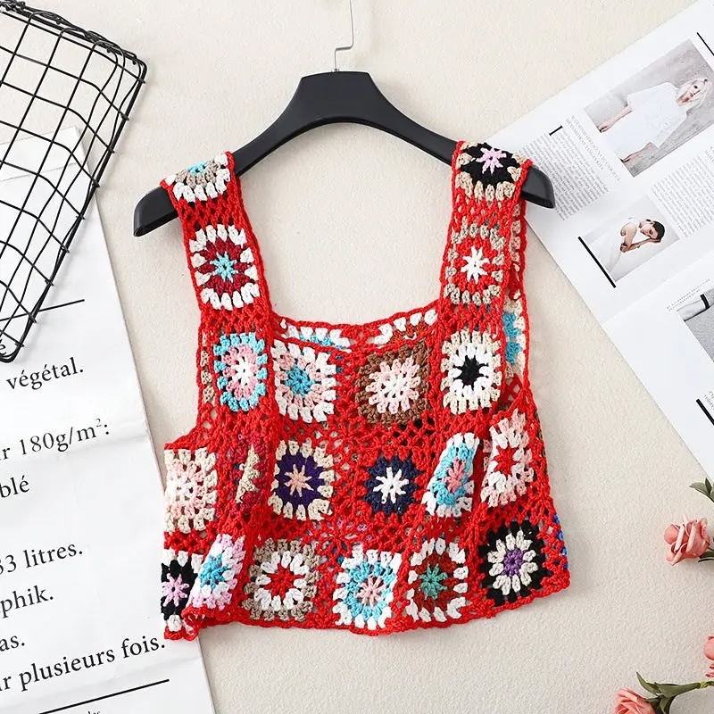Handmade Crochet Granny Square Crop Top – Colorful Boho Summer Tank