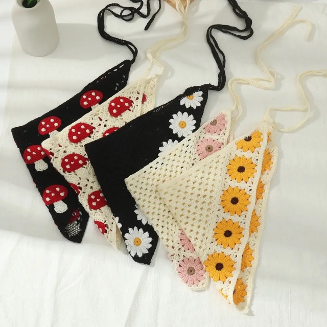 Handmade Crochet Mushroom Bandana – Fairycore Triangle Headscarf with Red Toadstool Design
