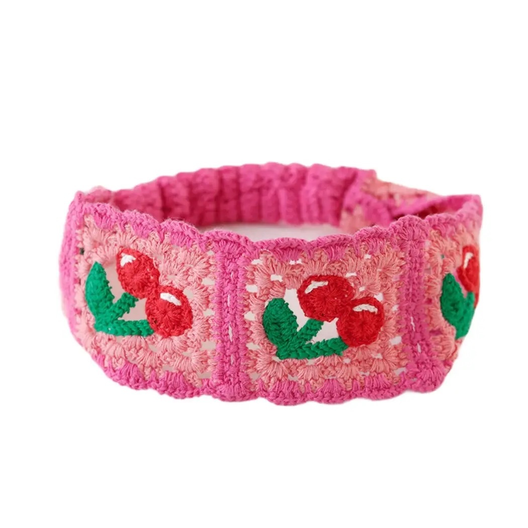 Handmade Crochet Cherry Headband – Pink Elastic Boho Hairband with Fruit Motif