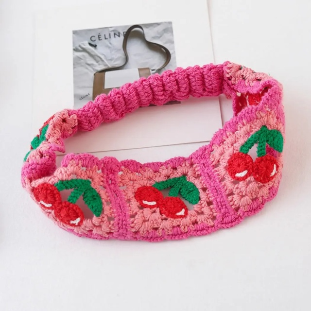 Handmade Crochet Cherry Headband – Pink Elastic Boho Hairband with Fruit Motif