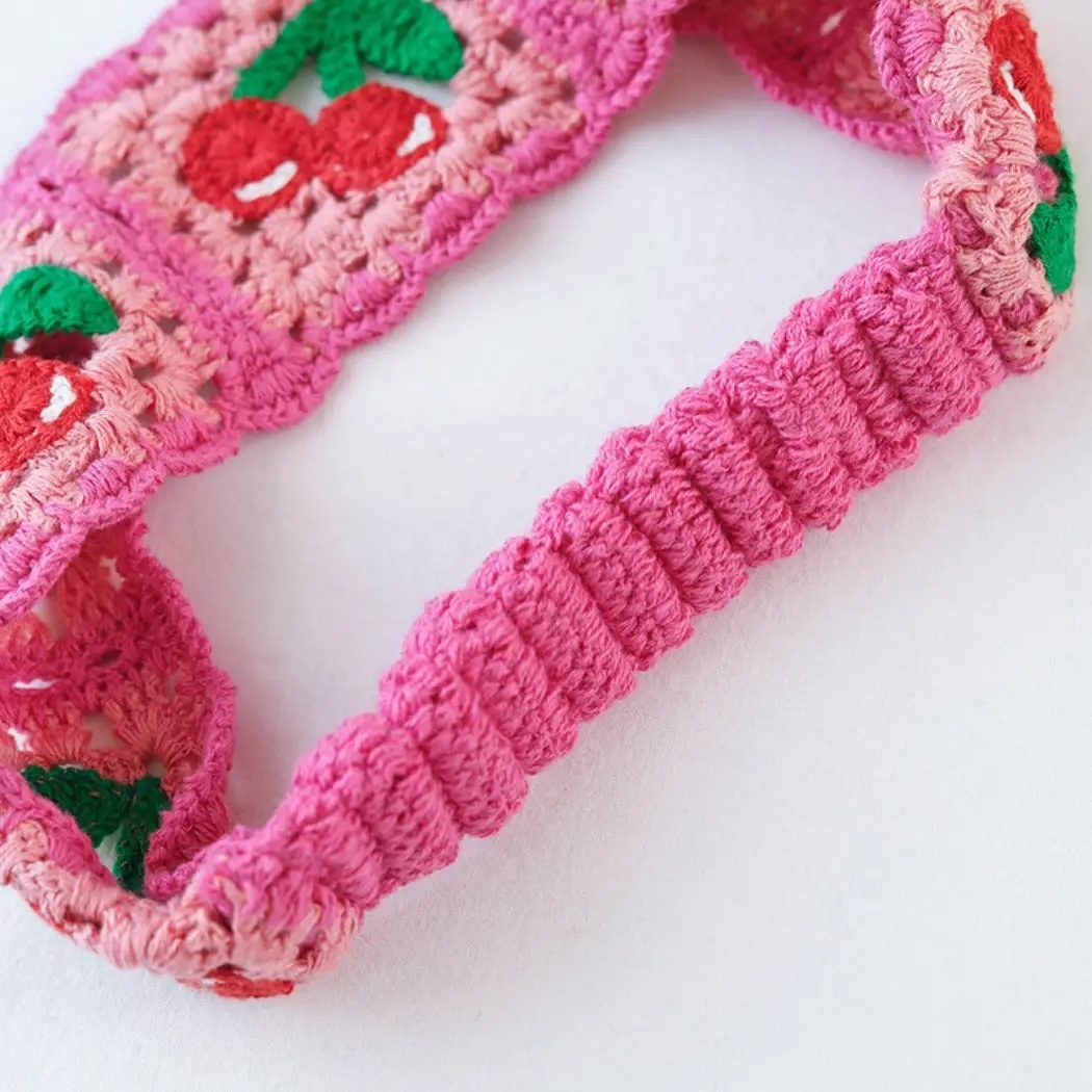 Handmade Crochet Cherry Headband – Pink Elastic Boho Hairband with Fruit Motif
