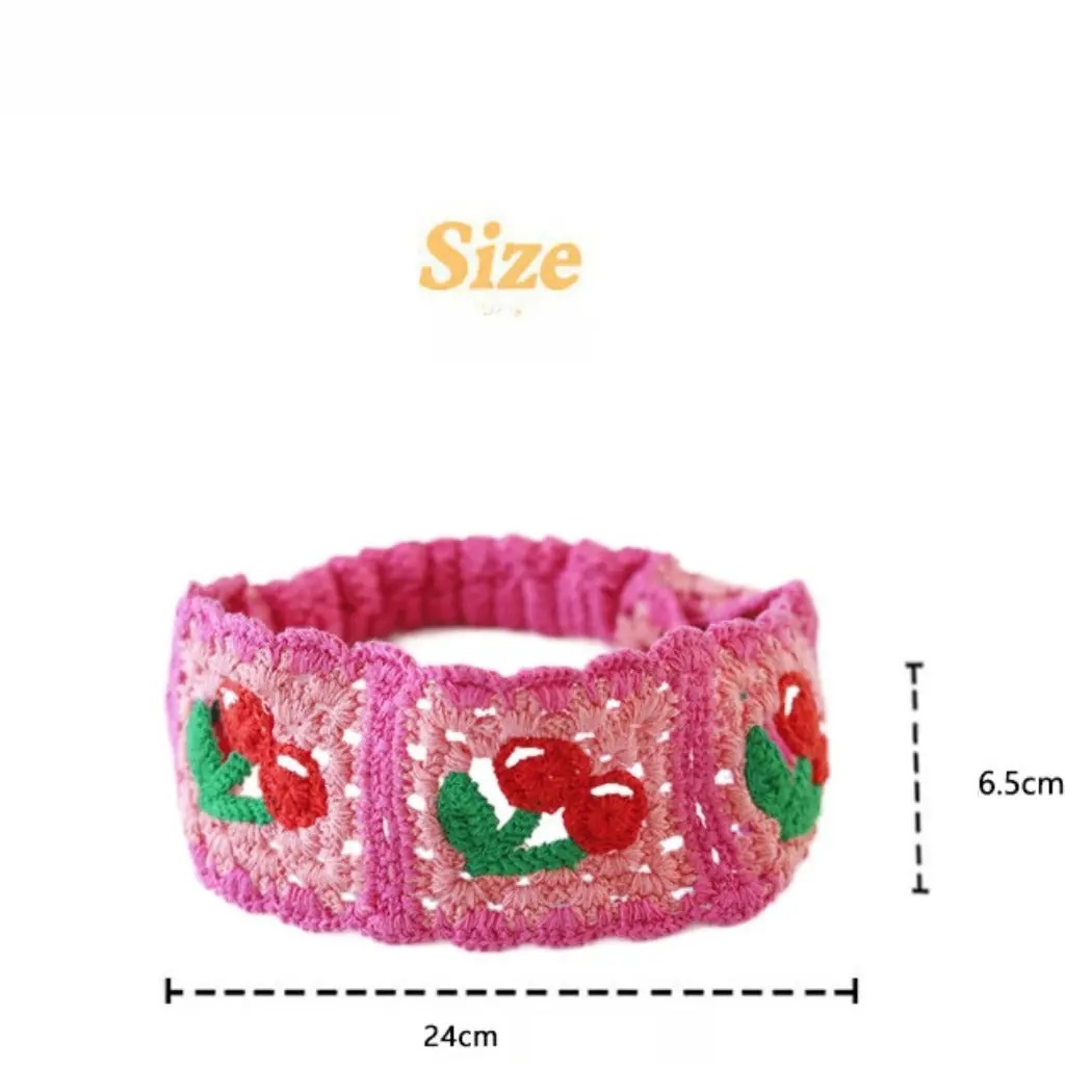 Handmade Crochet Cherry Headband – Pink Elastic Boho Hairband with Fruit Motif