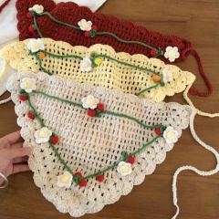Handmade Crochet Floral Bandana – Beige Triangle Headscarf with 3D Embroidered Flowers