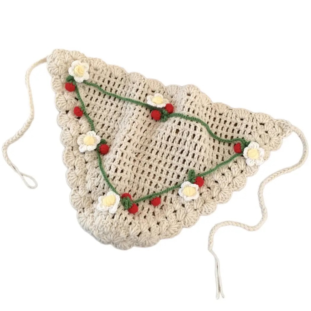 Handmade Crochet Floral Bandana – Beige Triangle Headscarf with 3D Embroidered Flowers