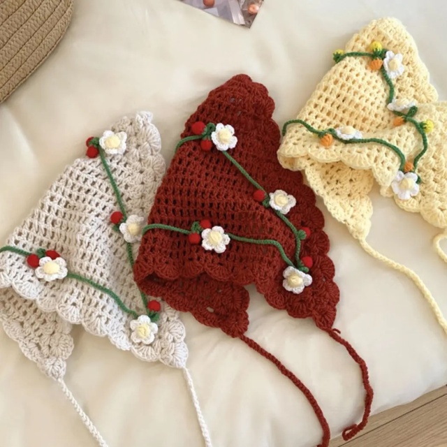 Handmade Crochet Floral Bandana – Beige Triangle Headscarf with 3D Embroidered Flowers